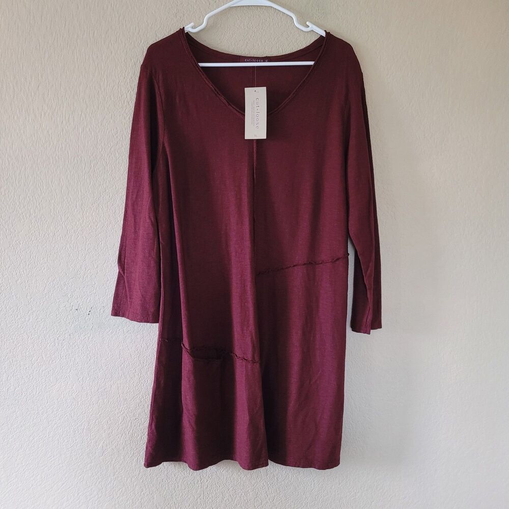 Cut Loose Linen Blend Tunic Top Dress Xl Burgundy Pockets Long Sleeve Lagenlook